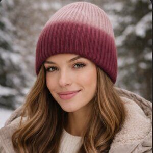 Amicale 100% Cashmere Pink To Maroon Ombre Beanie Hat Luxury Winter Wardrobe